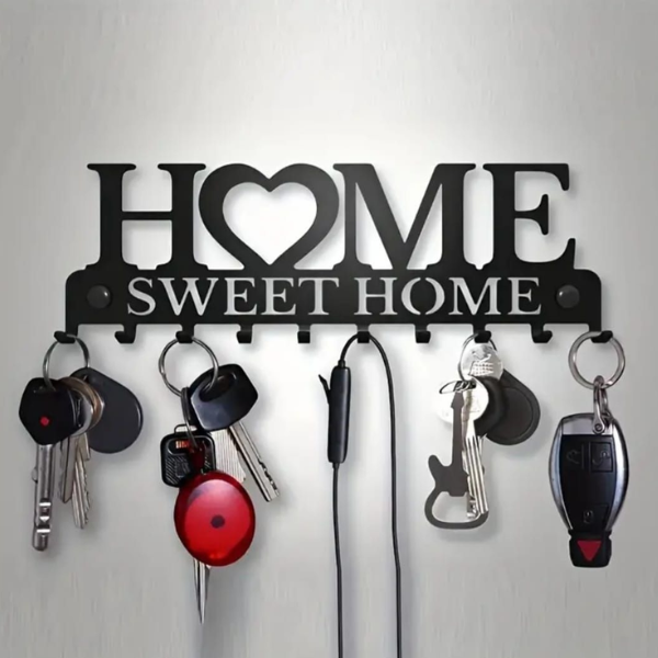 HOME Sweet Home Metal Wall Mounted Key Holder Rack with 7 Hooks - Black Decorative Key Organizer for Entryway, Living Room & Office