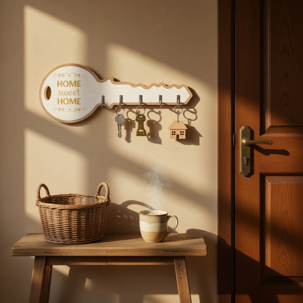 Wooden Key Shaped Wall Mounted Key Holder Rack with 5 Hooks – Decorative Home Sweet Home Organizer for Entryway & Living Room