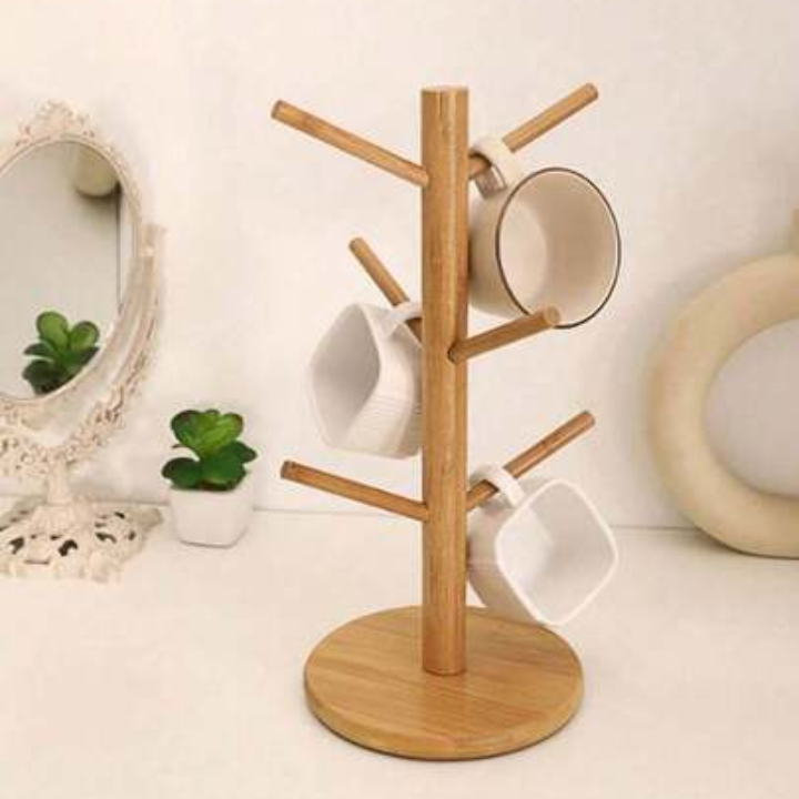 Wooden Tree Mug Holder Rack for 6 Cups - Countertop Coffee Mug Stand Organizer for Kitchen & Dining Table