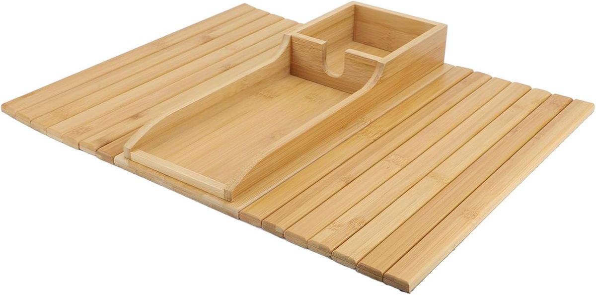 Premium Bamboo Sofa Armrest Tray Table with Cup Holder & Phone Slot | Foldable Couch Arm Tray Organizer