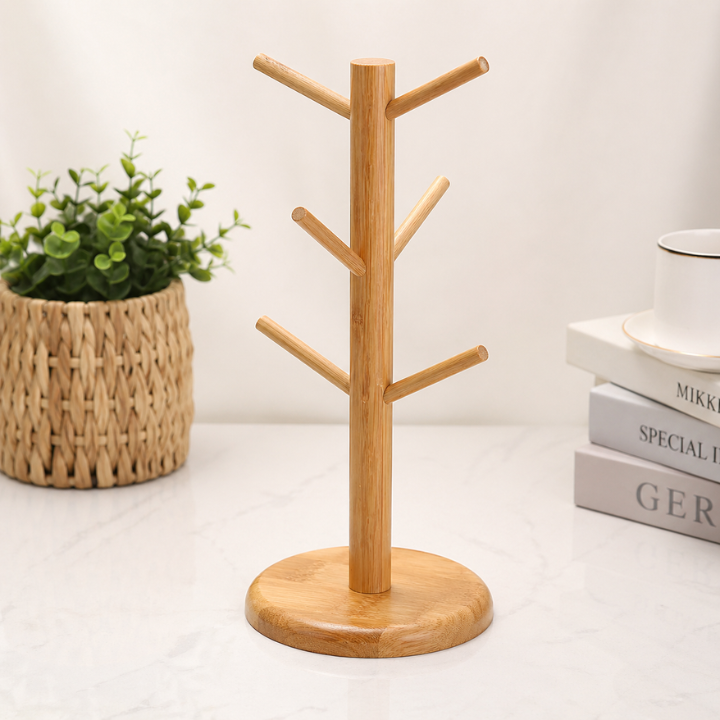 Wooden Tree Mug Holder Rack for 6 Cups - Countertop Coffee Mug Stand Organizer for Kitchen & Dining Table