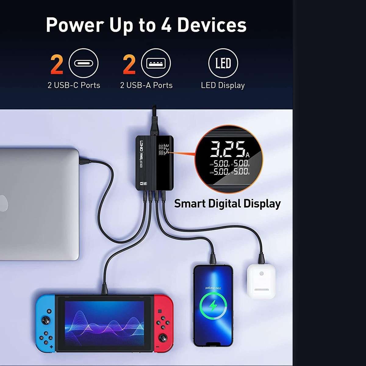 LDNIO A4809C 100W GaN Desktop Charger | 4-Port USB-C & USB-A Fast Charging Station with LED Display for Laptop, MacBook, iPhone & Android