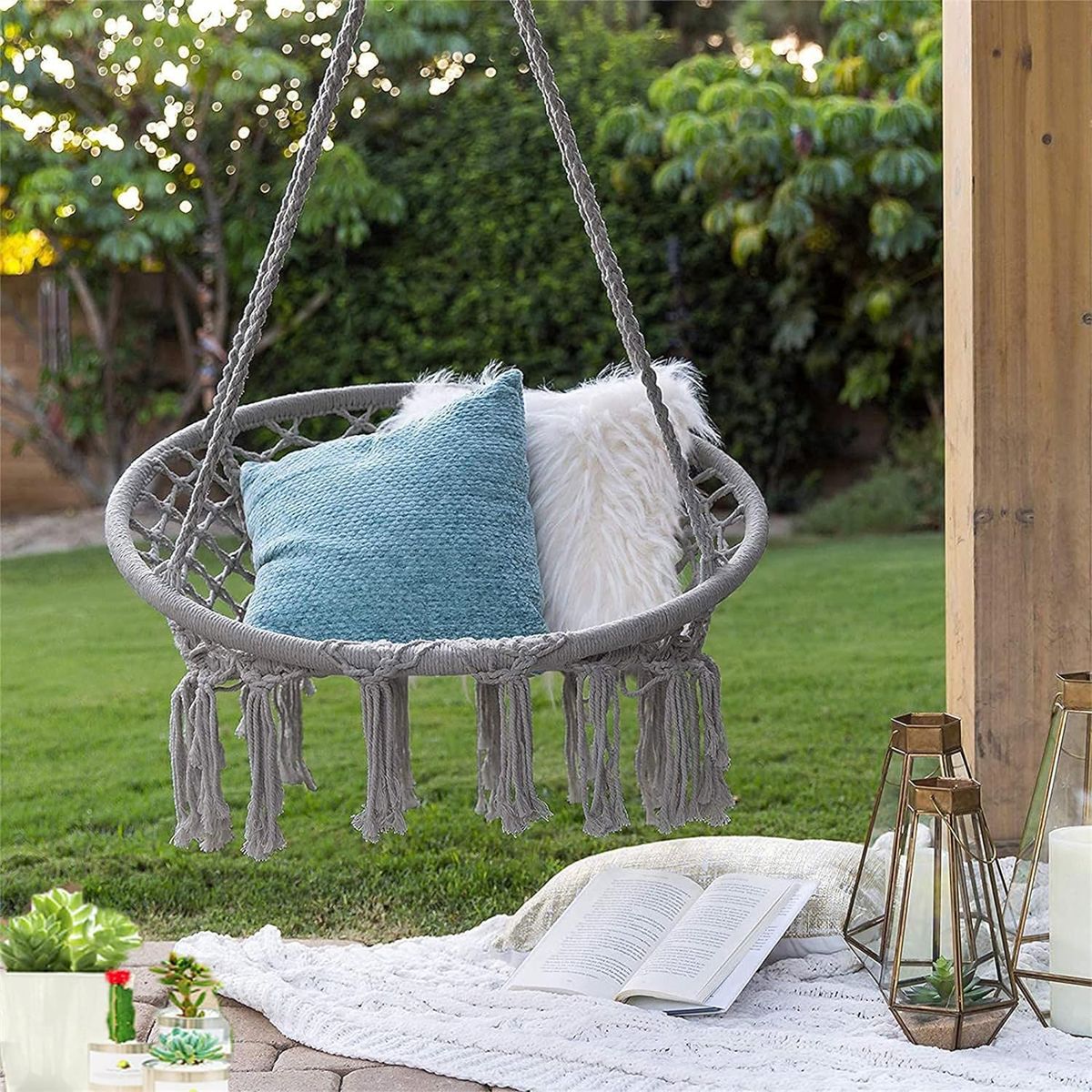 Handmade Cotton Rope Hanging Swing Chair for Adults & Kids | Boho Hammock Chair for Indoor & Outdoor Garden - Grey