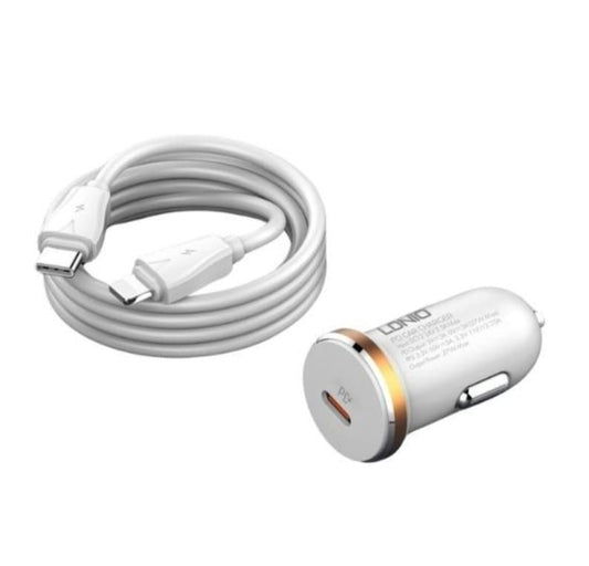 LDNIO C22Q 27W PD Fast Car Charger with USB-C to Lightning Cable (1M) | USB-C Power Delivery Car Adapter