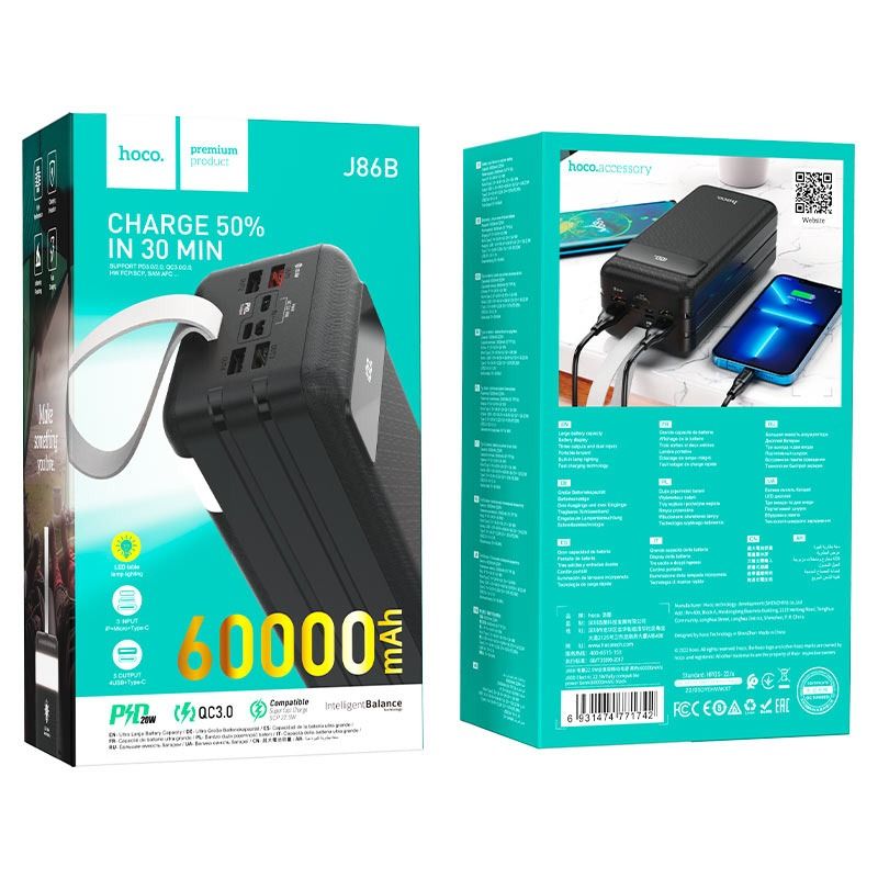 HOCO J86B 60000mAh 22.5W Fast Charging Power Bank with LED Display | 4 USB, USB-C & Lightning Input Portable Charger