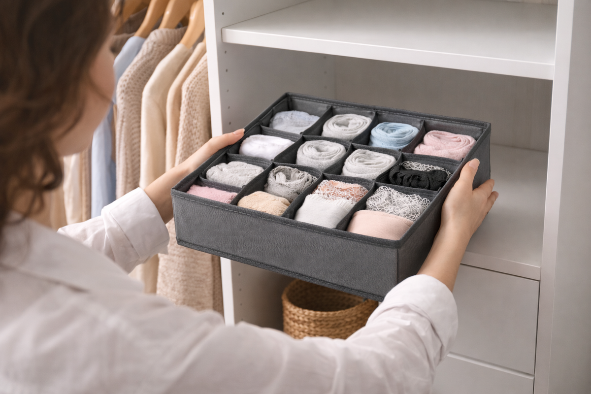12 Pocket Drawer Organizer for Socks, Underwear & Clothes | Foldable Closet Storage Box – Grey