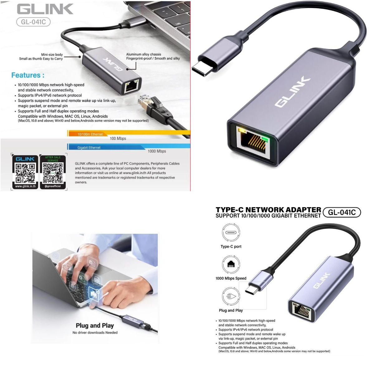 GLINK USB Type-C to RJ45 Gigabit Ethernet Adapter | USB-C to LAN Network Adapter 1000Mbps