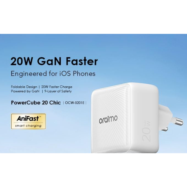 Oraimo 20W GaN USB-C Fast Charger with USB-C to USB-C Cable | PD Fast Charging Travel Adapter (EU Plug)