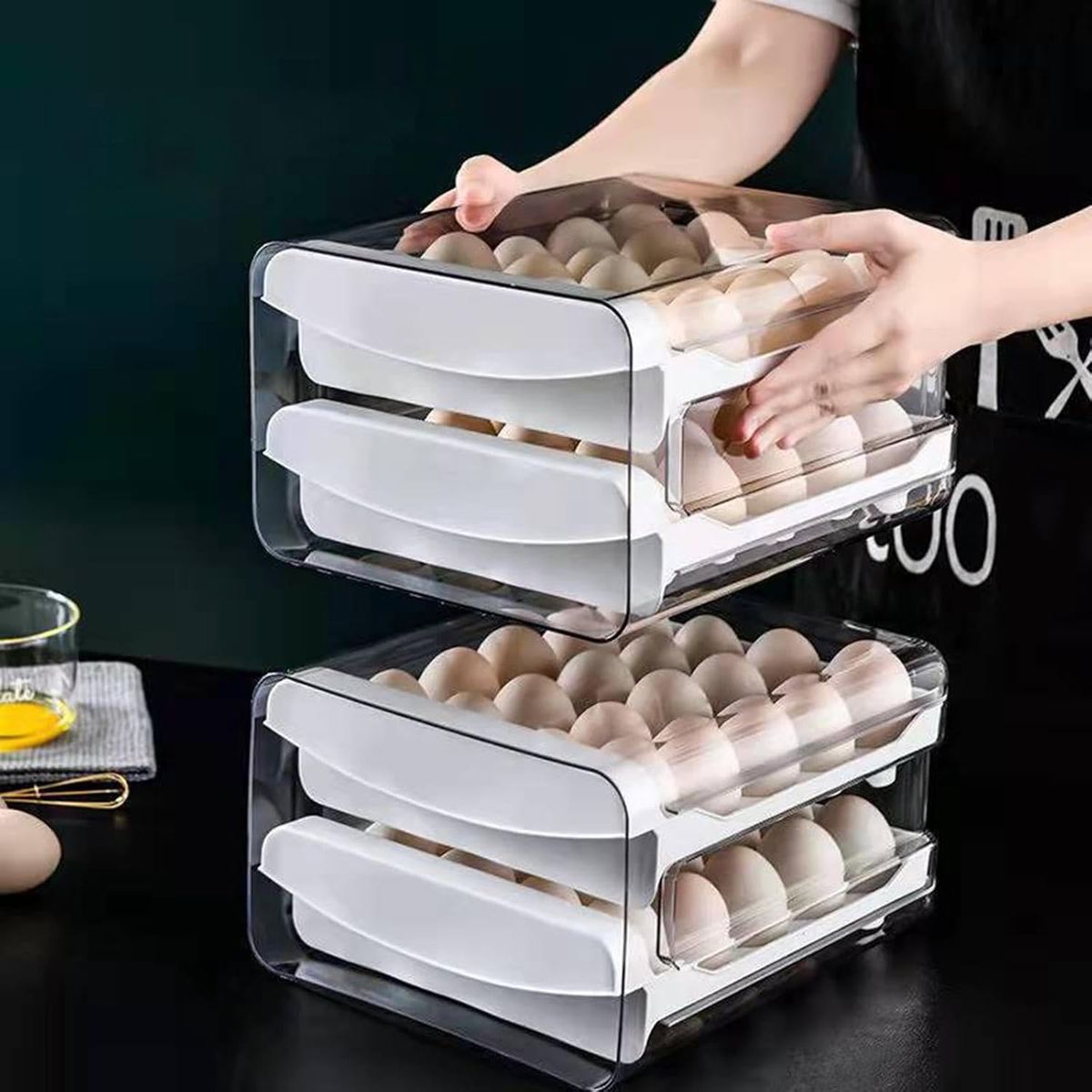 Stackable 2-Tier Egg Storage Drawer for Refrigerator | Clear Fridge Organizer Box with Lid