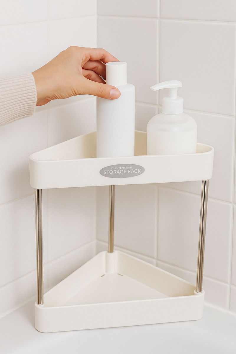 2-Tier Multipurpose Corner Storage Rack | Bathroom & Kitchen Corner Organizer Shelf - White