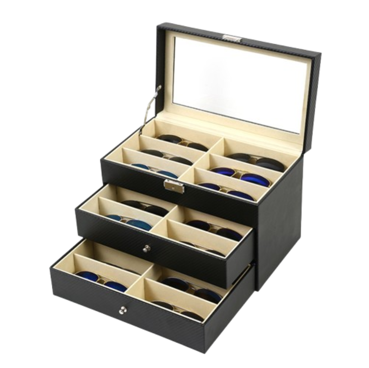 18-Compartment 3-Layer Glasses, Watch & Jewellery Storage Box with Lock - Premium Organizer Display Case