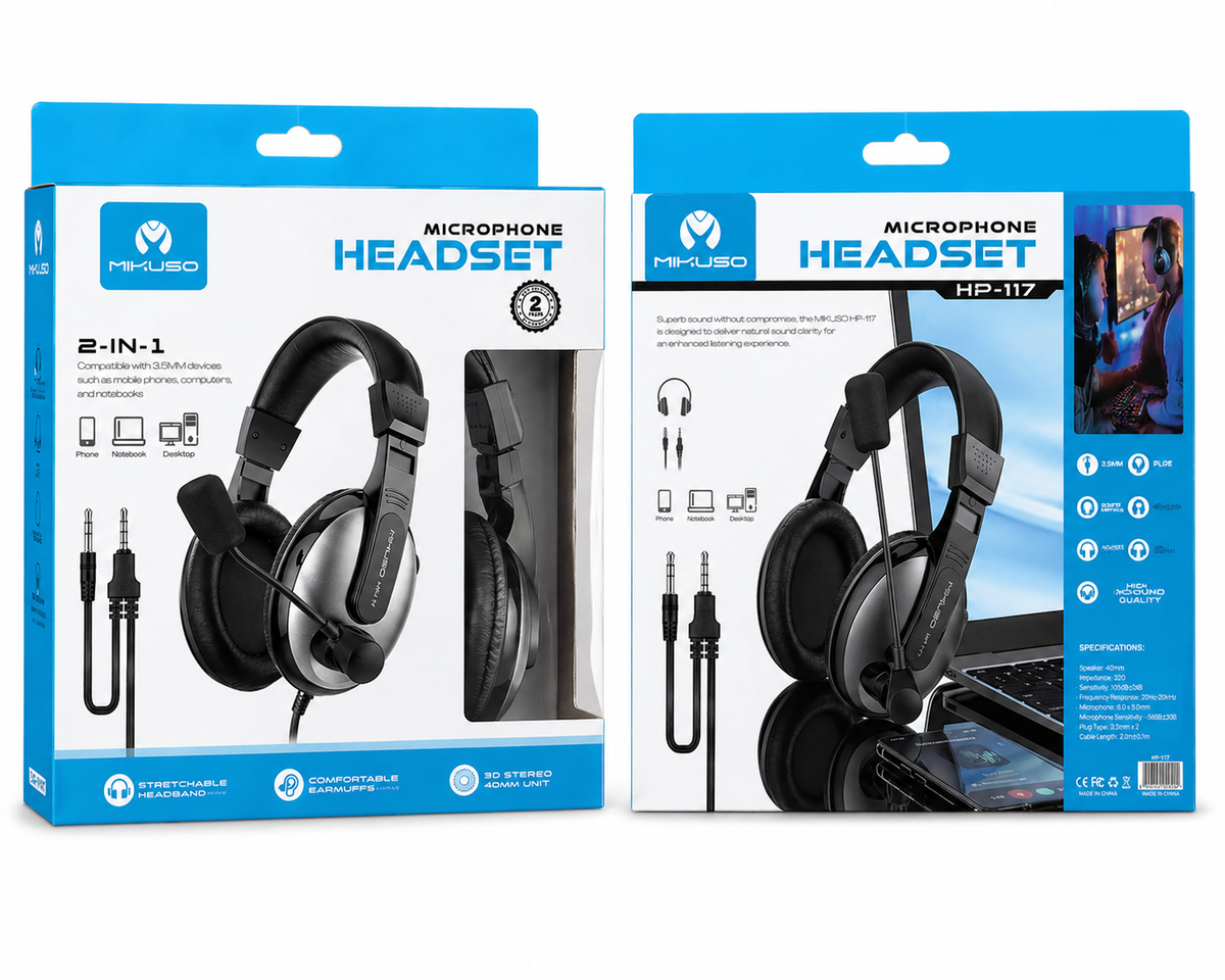 Mikuso HP-117 Wired Stereo Headset with Noise Cancelling Mic | 3.5mm Dual Jack Over-Ear Headphones for PC, Laptop, Online Classes & Gaming