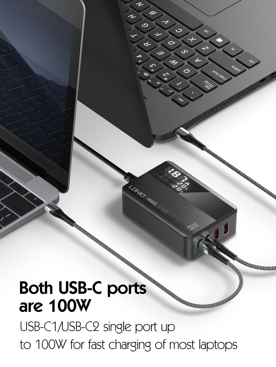 LDNIO A4808Q 100W Desktop GaN Fast Charger | 2 USB-C PD + 2 USB-A QC 3.0 Multi-Port Charging Station with LCD Display & 1.5M Power Cable