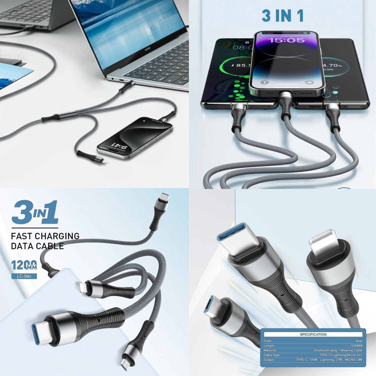 LDNIO LC94C 3-in-1 Fast Charging Cable 100W 1.2M | USB-C, Lightning & Micro USB Braided Cable