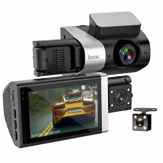 HOCO DI64 Triumph 3-Channel WiFi Car Dash Cam – Front, Interior & Rear Camera with 3" Display