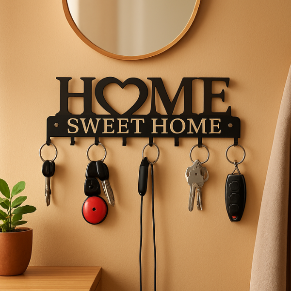 HOME Sweet Home Metal Wall Mounted Key Holder Rack with 7 Hooks - Black Decorative Key Organizer for Entryway, Living Room & Office