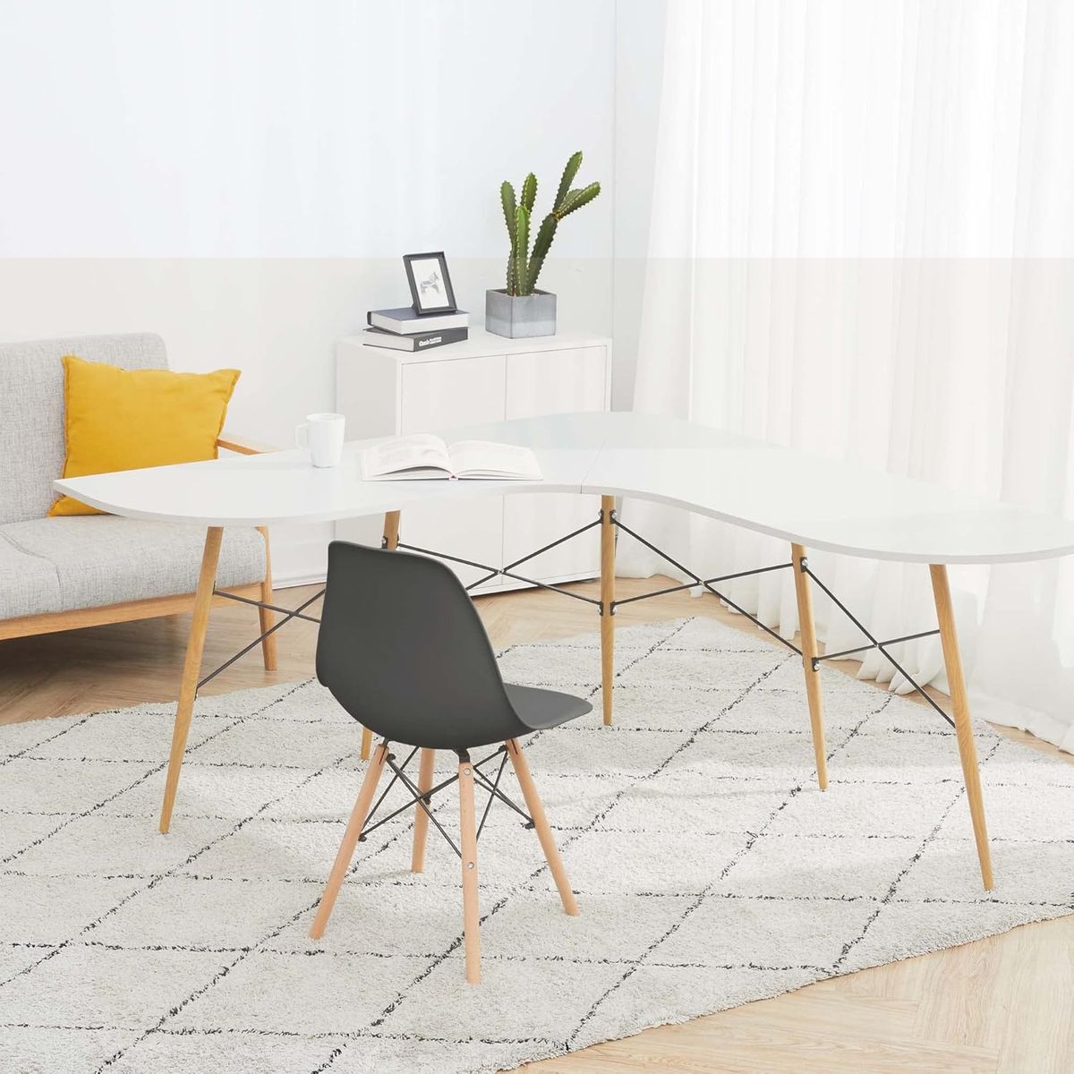 Modern Black Armless Dining Chair with Wooden Legs | Scandinavian Plastic Side Chair for Dining Room, Office & Café