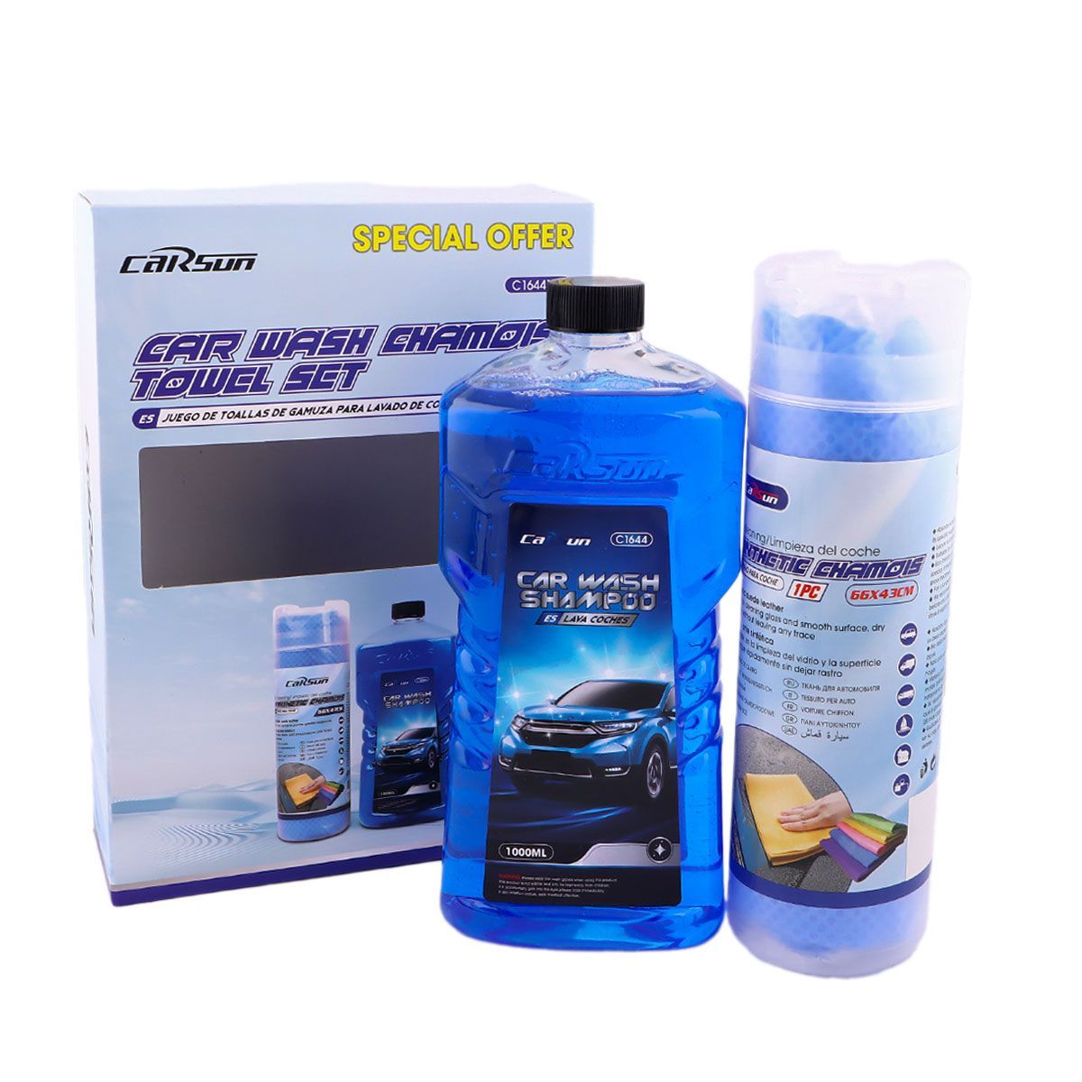 CarSun Car Wash Shampoo 1000ml with Synthetic Chamois Cleaning Towel Set – Car Cleaning & Drying Kit