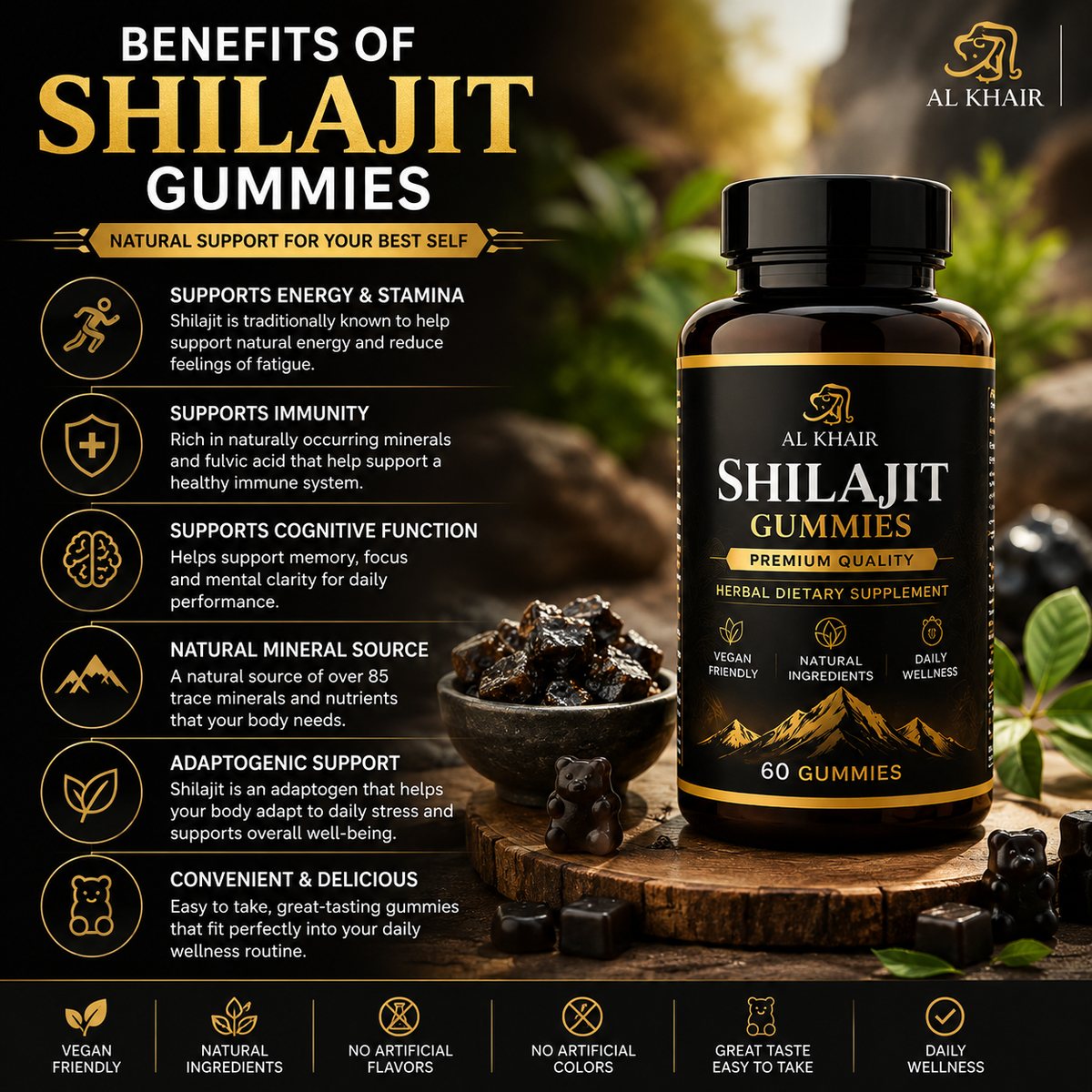 AL Khair Shilajit Gummies 60 Count | Vegan Herbal Gummies with Himalayan Shilajit Extract