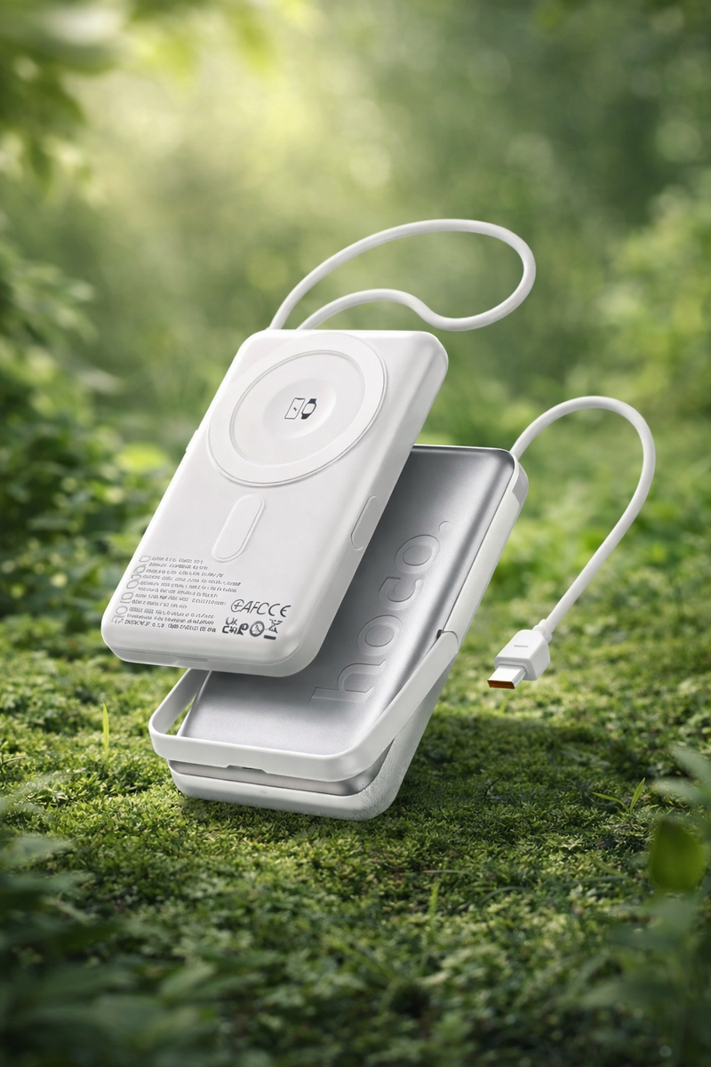 HOCO Q43 10000mAh Magnetic Wireless Power Bank 20W PD Fast Charging with Built-in USB-C Cable & Foldable Stand – White