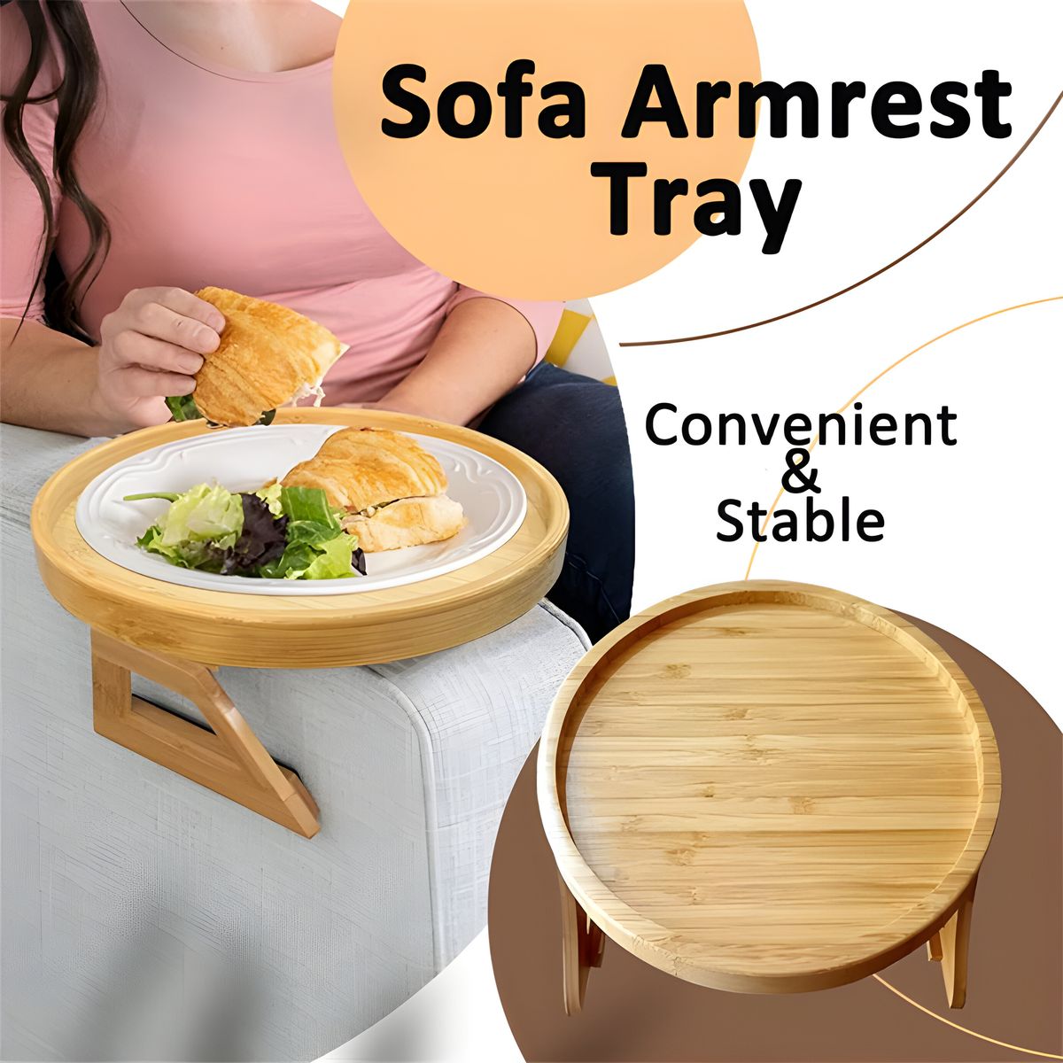 Foldable Bamboo Sofa Arm Tray Table | Clip-On Couch Armrest Table for Drinks, Snacks & Remote