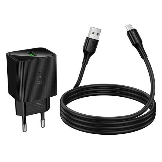 HOCO CS81A 18W QC3.0 USB-A Fast Wall Charger with USB-A to Micro USB Cable (1M) | Quick Charge 3.0 EU Plug
