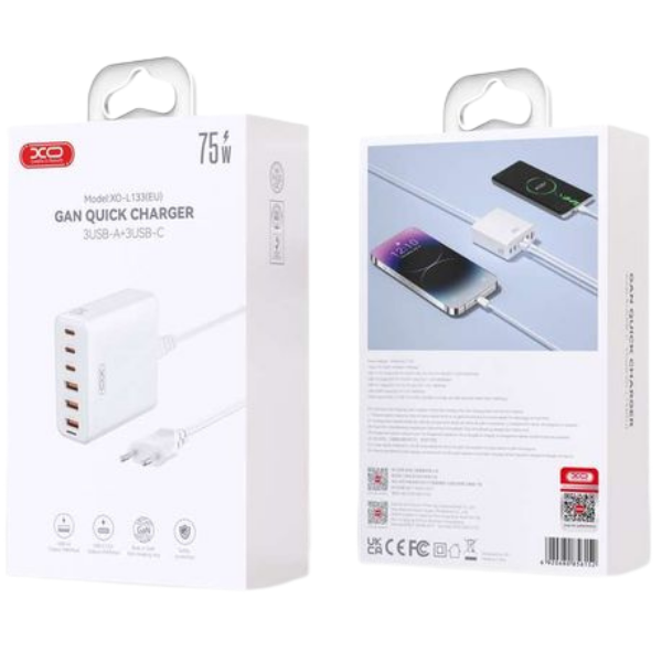XO C-L133 75W GaN Multi-Port Fast Charger | 3 USB-C + 3 USB-A Desktop Charging Adapter