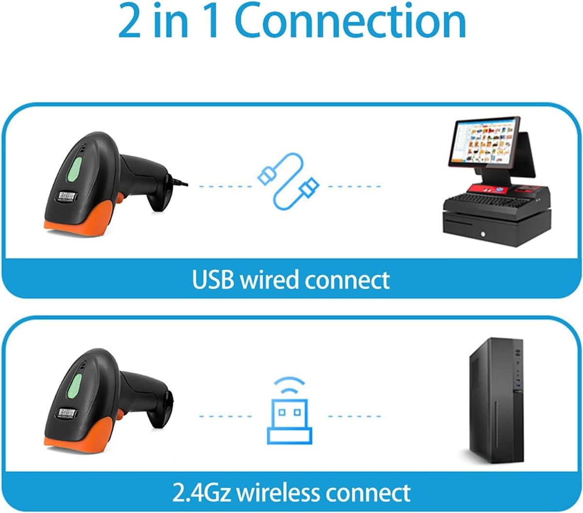 2-in-1 Wireless & USB 2D Barcode Scanner | QR Code Reader with High-Speed CMOS Scanning