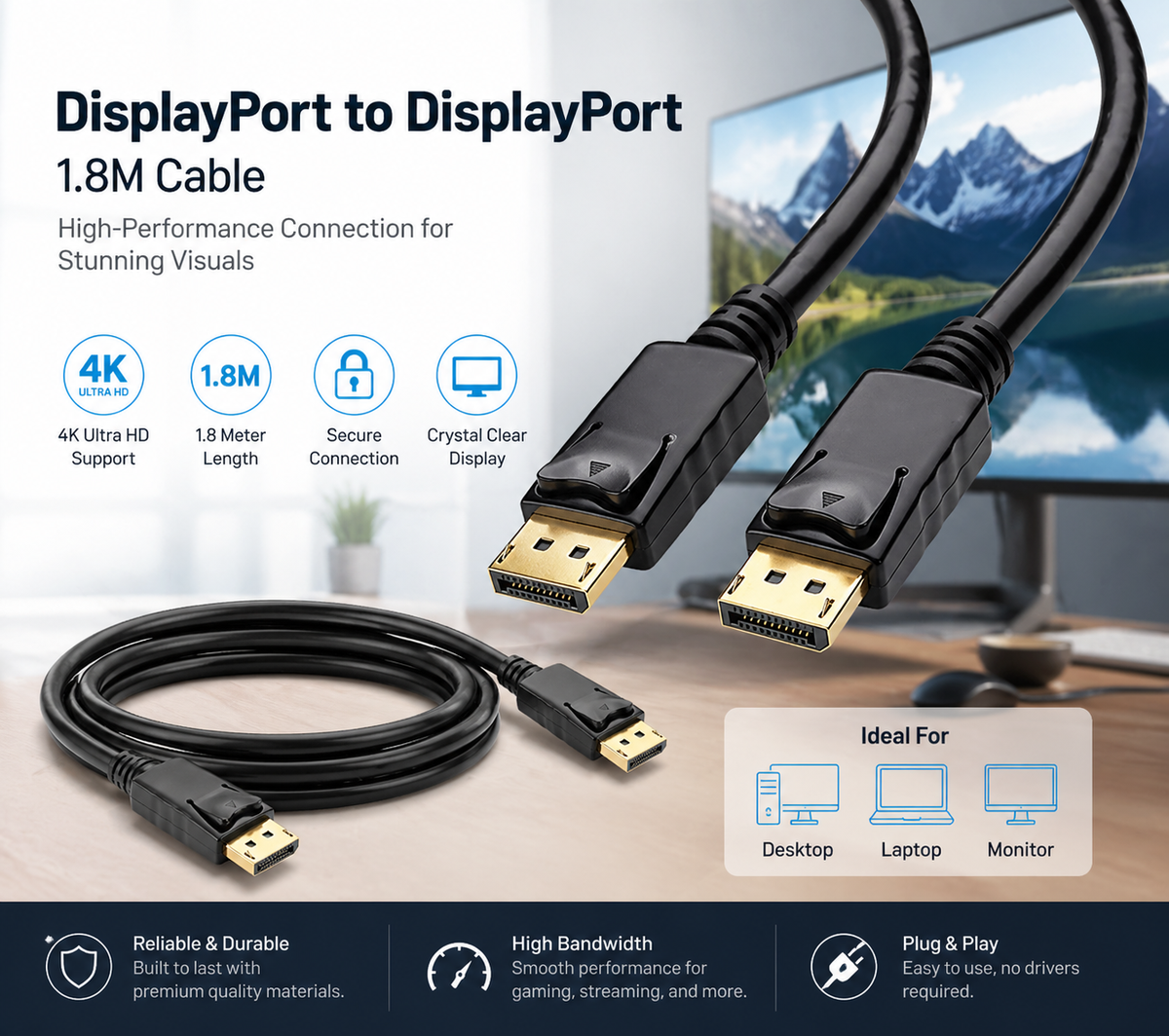 DisplayPort to DisplayPort Cable 4K Ultra HD High-Speed DP Cable | DisplayPort 1.2 for Monitor, PC, Laptop & Gaming