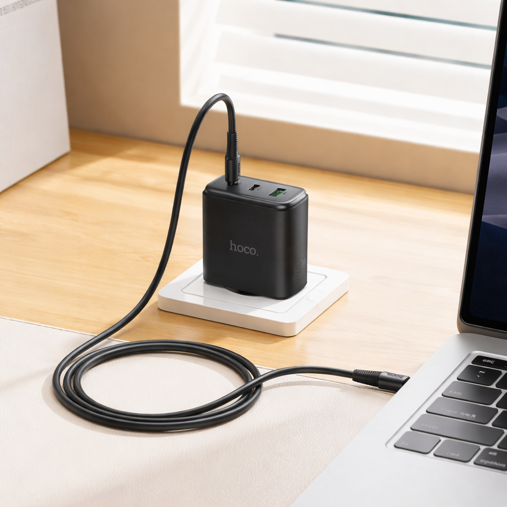 HOCO C160A 65W GaN Fast Charger | Dual USB-C PD + USB-A QC 3.0 Wall Charger (EU Plug, Black)