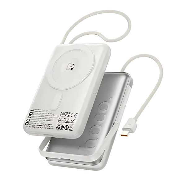 HOCO Q43 10000mAh Magnetic Wireless Power Bank 20W PD Fast Charging with Built-in USB-C Cable & Foldable Stand – White