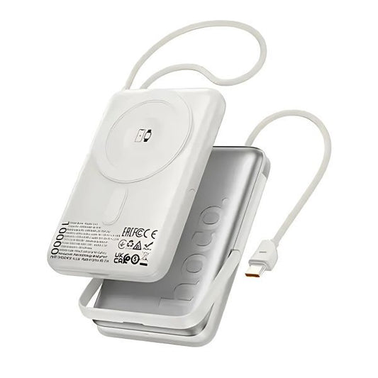 HOCO Q43 10000mAh Magnetic Wireless Power Bank 20W PD Fast Charging with Built-in USB-C Cable & Foldable Stand – White