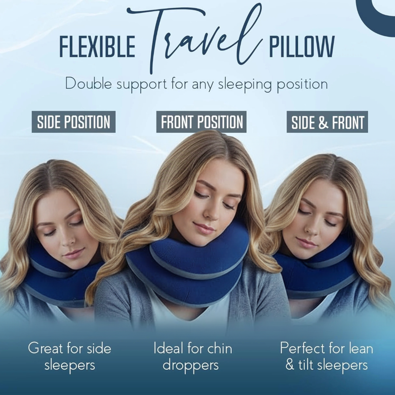 Adjustable Travel Neck Pillow with Head & Neck Support and Carry Pouch - Navy Blue