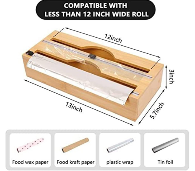 SamMag Biz 2-in-1 Bamboo Food Wrap Dispenser with Built-in Cutters | Plastic Wrap & Aluminum Foil Organizer