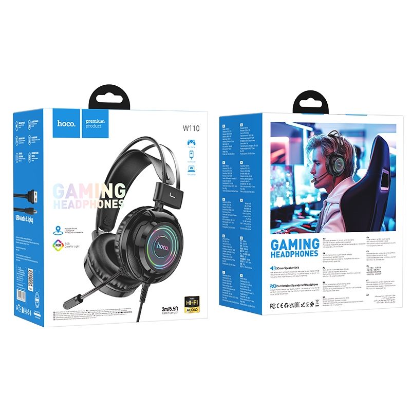 Hoco W110 RGB Wired Gaming Headset with 50mm Drivers, Microphone & 2m Cable – Black