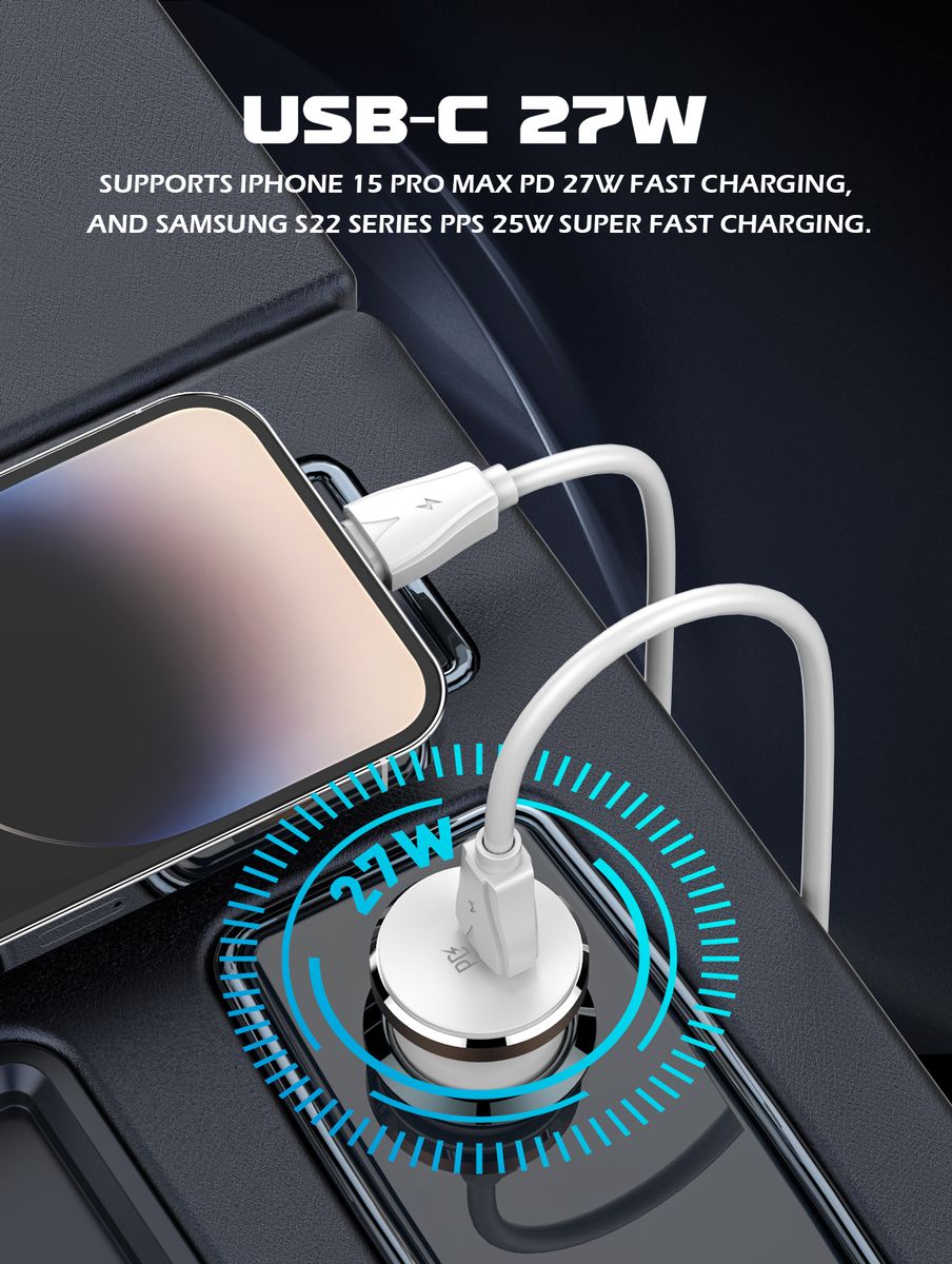 LDNIO C22Q 27W PD Fast Car Charger with USB-C to Lightning Cable (1M) | USB-C Power Delivery Car Adapter
