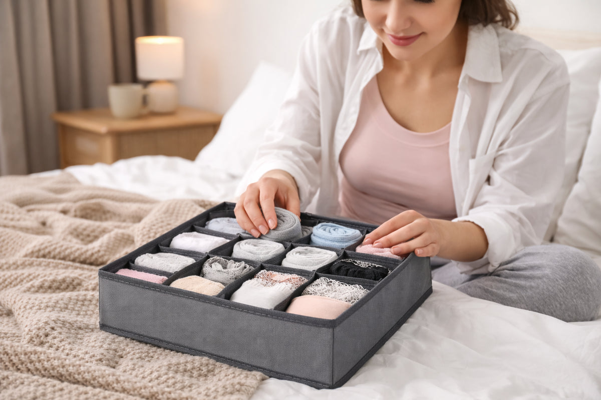 12 Pocket Drawer Organizer for Socks, Underwear & Clothes | Foldable Closet Storage Box – Grey