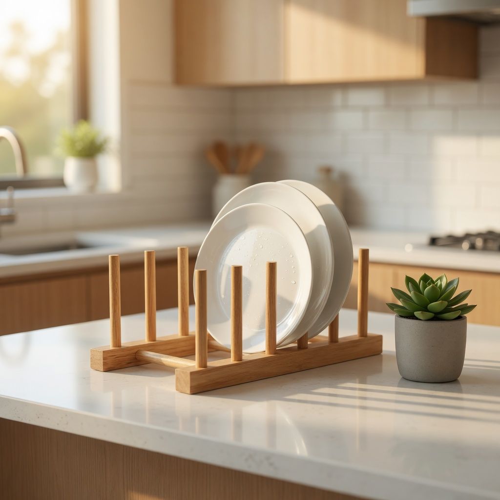 Bamboo Dish Drying Rack & Plate Drainboard Holder – Foldable Kitchen Dish Drainer and Pot Lid Organizer by Ten-Tech