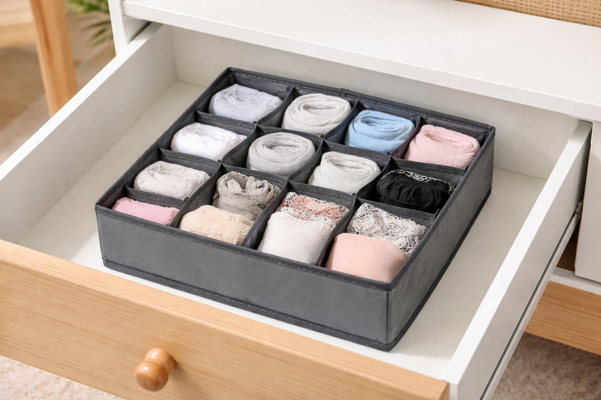 12 Pocket Drawer Organizer for Socks, Underwear & Clothes | Foldable Closet Storage Box – Grey