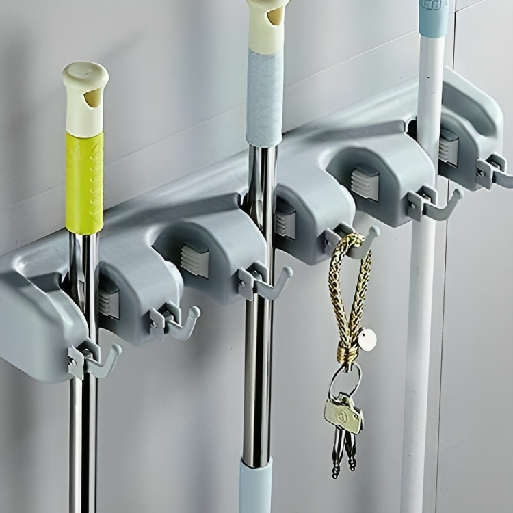 Wall Mounted Broom & Mop Holder with 5 Grip Slots & 6 Utility Hooks | Heavy Duty Organizer Rack