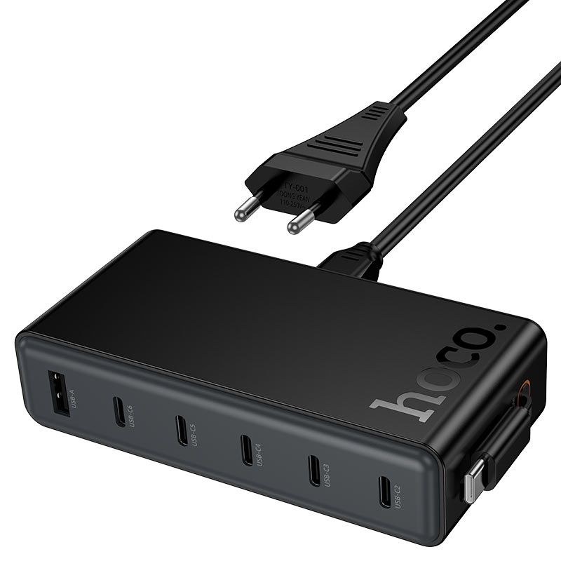 HOCO C151A 7-in-1 50W Fast Charging Station | 6 USB-C + USB-A Desktop Charger with Built-in Retractable Type-C Cable