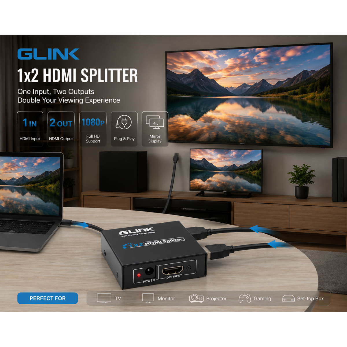 GLINK GLSP-012 HDMI Splitter 1 Input 2 Outputs | Full HD 1080P & 4K@30Hz HDMI Signal Splitter with Power Adapter