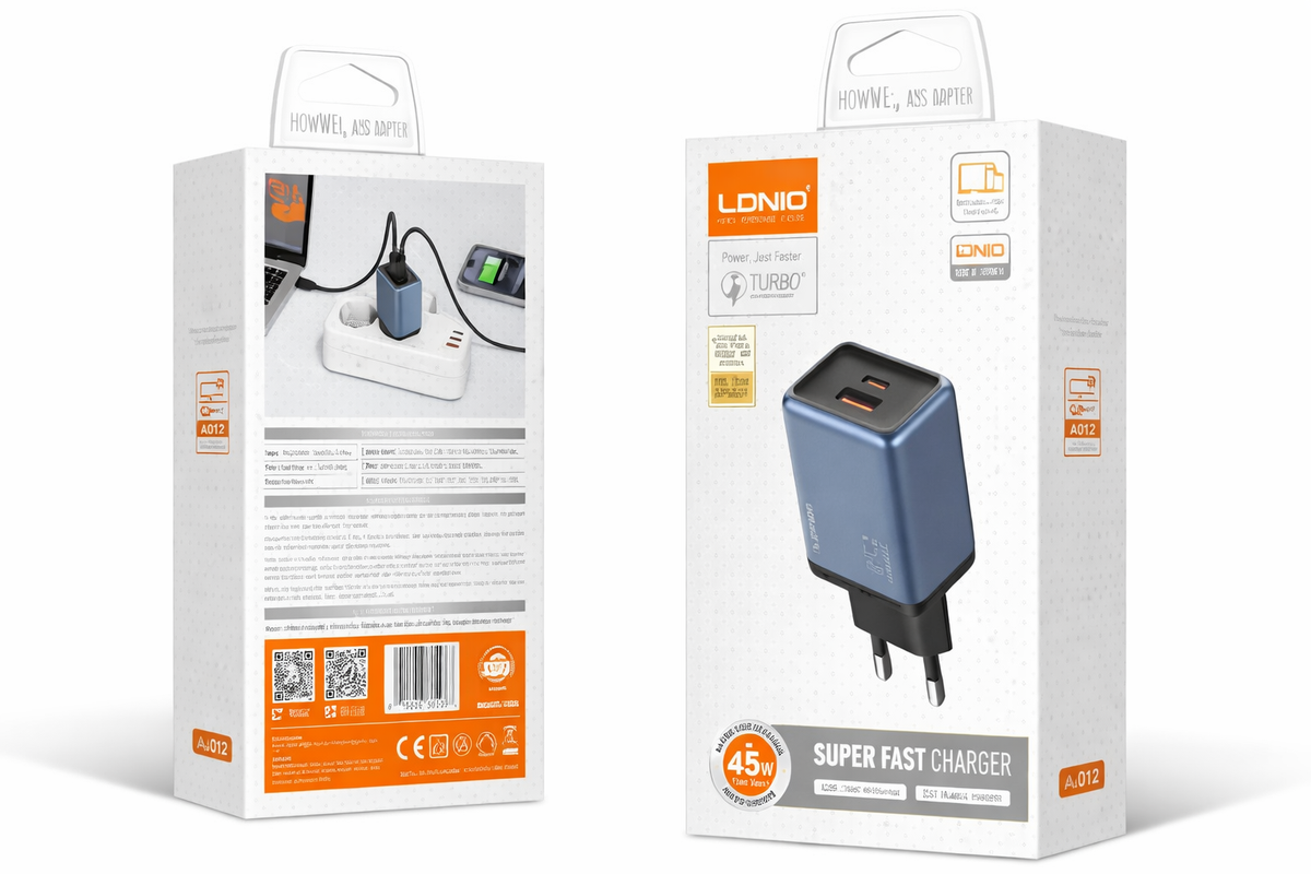 LDNIO Q12 45W Dual Port Fast Wall Charger | USB-C PD & USB-A QC3.0 Fast Charging Adapter