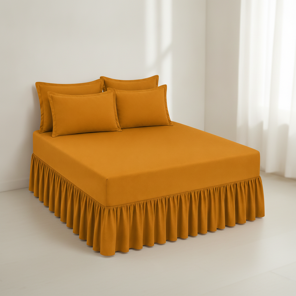 Queen Size Frilled Fitted Sheet Set with 4 Pillow Covers – Soft Ruffled Bed Sheet Set