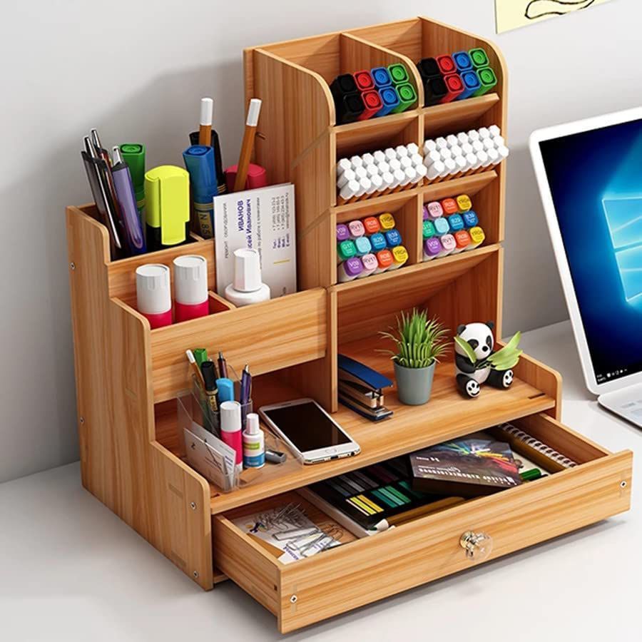Multi-Purpose Wooden Desk Organizer with Drawer | Office, Home & School Desktop Storage (GC-30)