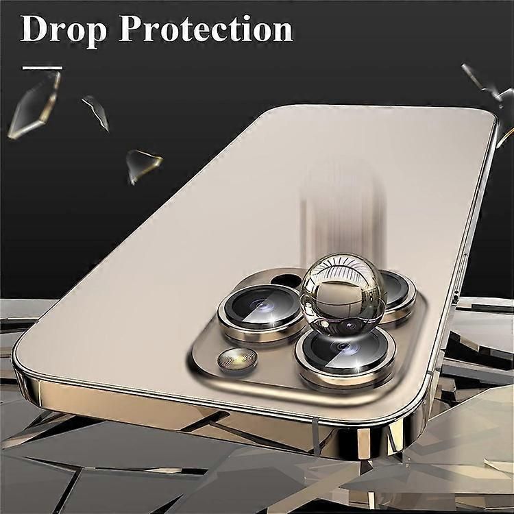 iPhone 15 Pro Max Camera Lens Protector | Gold Titanium Tempered Glass Camera Protector with Metal Ring (3 Lens Set)