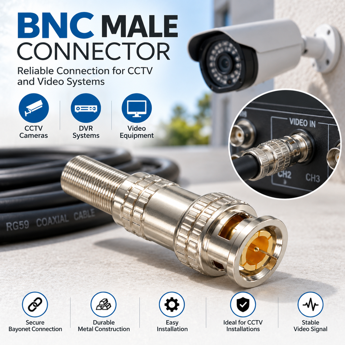 BNC Male Connectors 10 Pack for CCTV Coaxial Video Cable