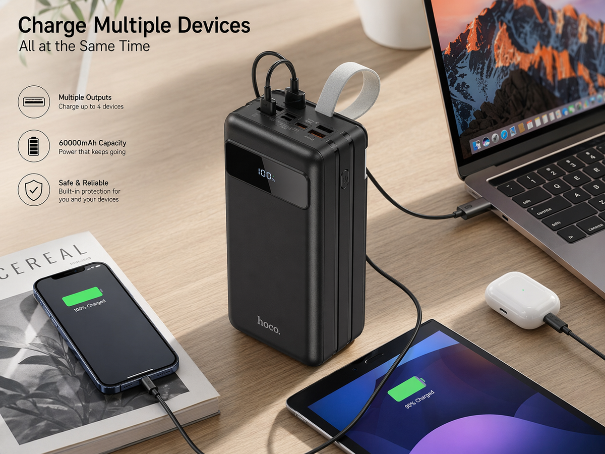 HOCO J86B 60000mAh 22.5W Fast Charging Power Bank with LED Display | 4 USB, USB-C & Lightning Input Portable Charger