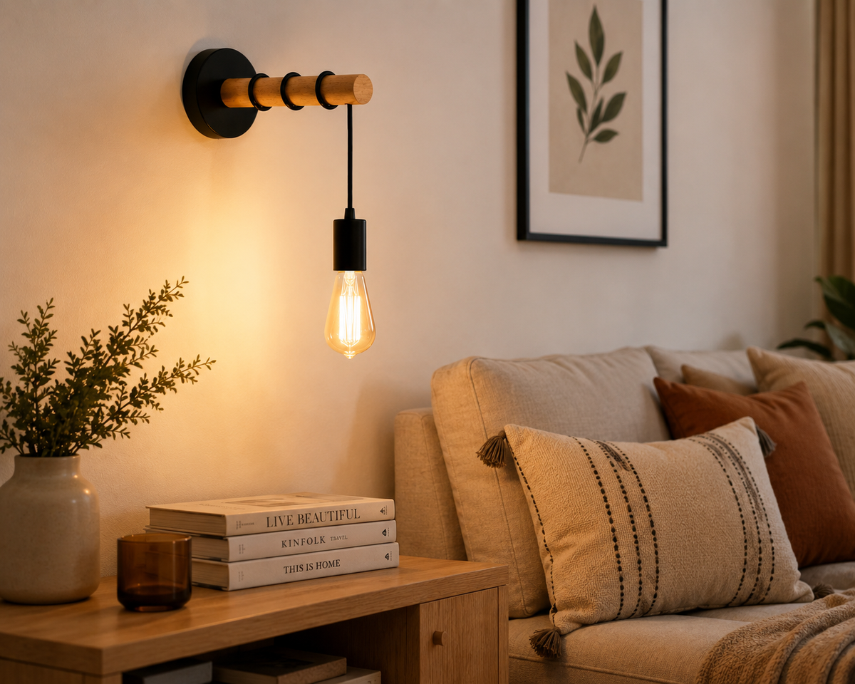 Modern Wooden Wall Light with E27 Lamp Holder | Nordic Black Metal Wall Sconce for Bedroom, Living Room & Hallway