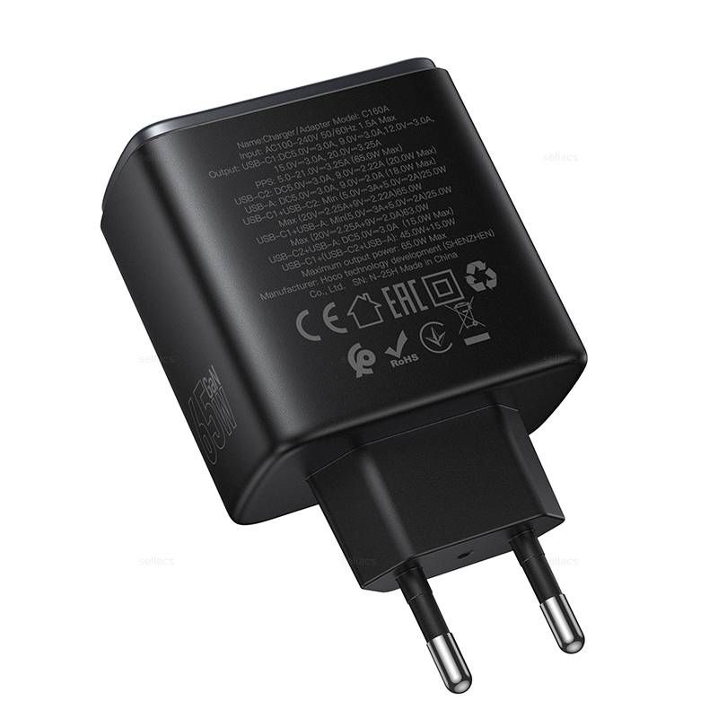 HOCO C160A 65W GaN Fast Charger | Dual USB-C PD + USB-A QC 3.0 Wall Charger (EU Plug, Black)